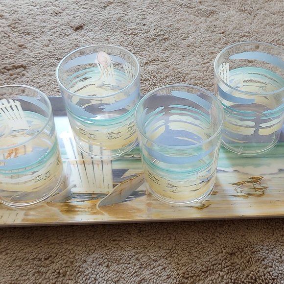 Five Piece Beach Motif Glass and Tray Set - Picture 2 of 6